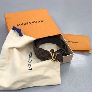 Louis Vuitton Brown Checkered Belt with Gold Buckle
